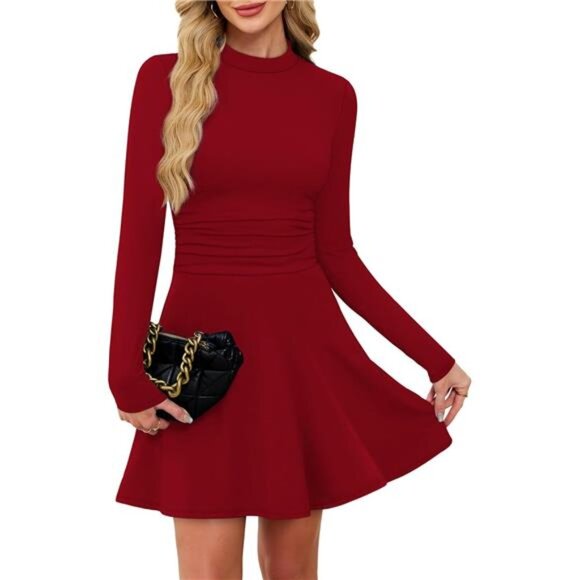 Long Sleeve Mini Dresses for Women Wine Red - Picture 3 of 5